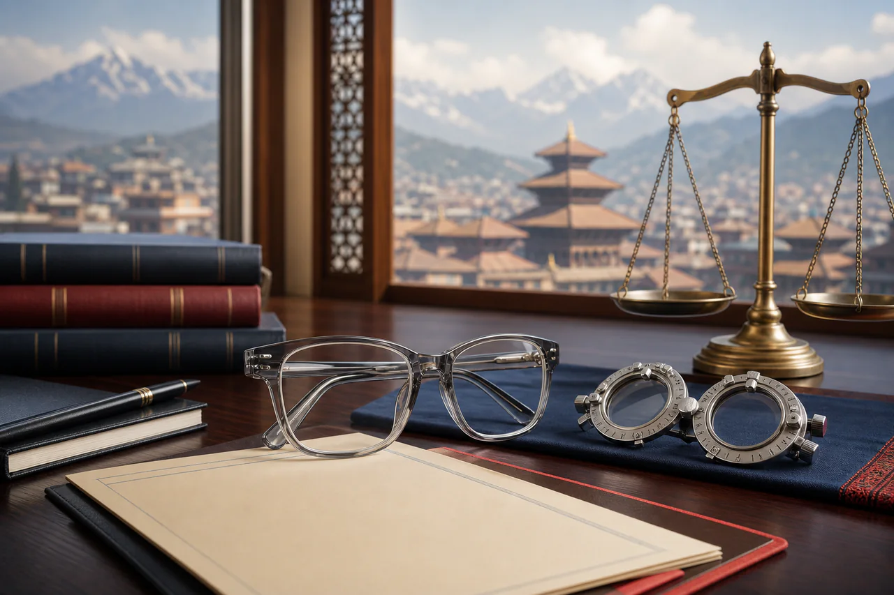 Prescription eyeglasses, optical lenses and justice scales representing Nepal's medical spectacles VAT case