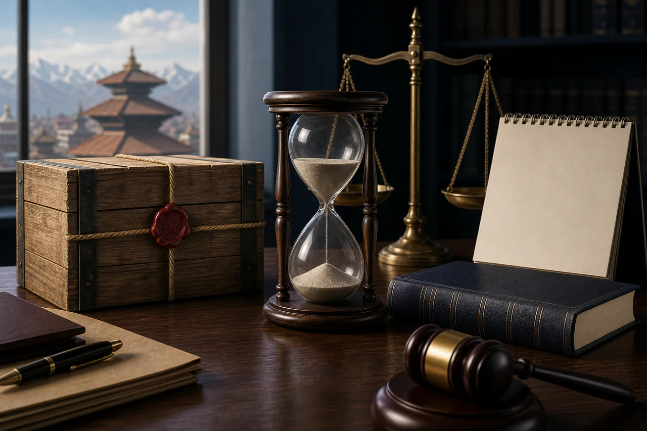 An hourglass, excise-goods crate and law book representing Nepal's excise assessment time limit