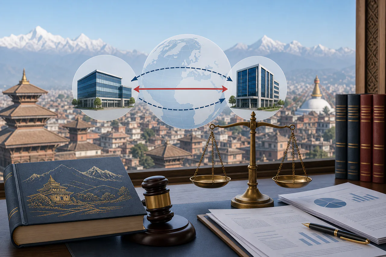 Related companies, cross-border transactions and justice scales representing Nepal's transfer-pricing challenge