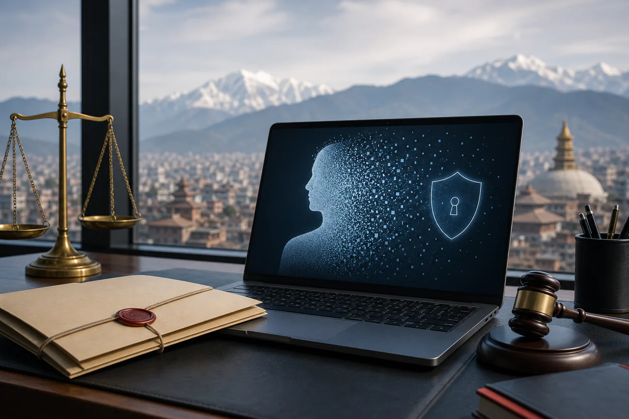 A digital profile being erased beside privacy and justice symbols in Nepal