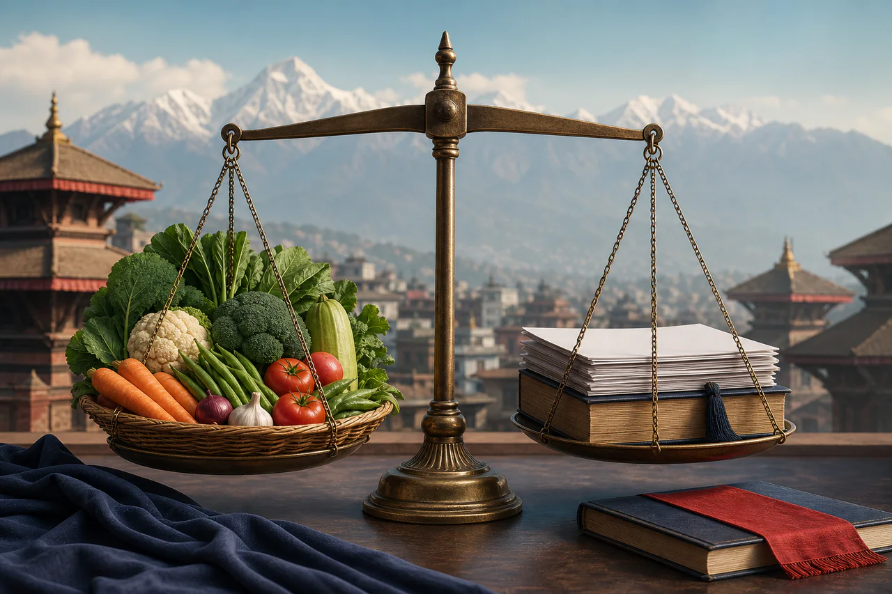 Justice scales balancing vegetables and legal papers in Nepal's right-to-food VAT case