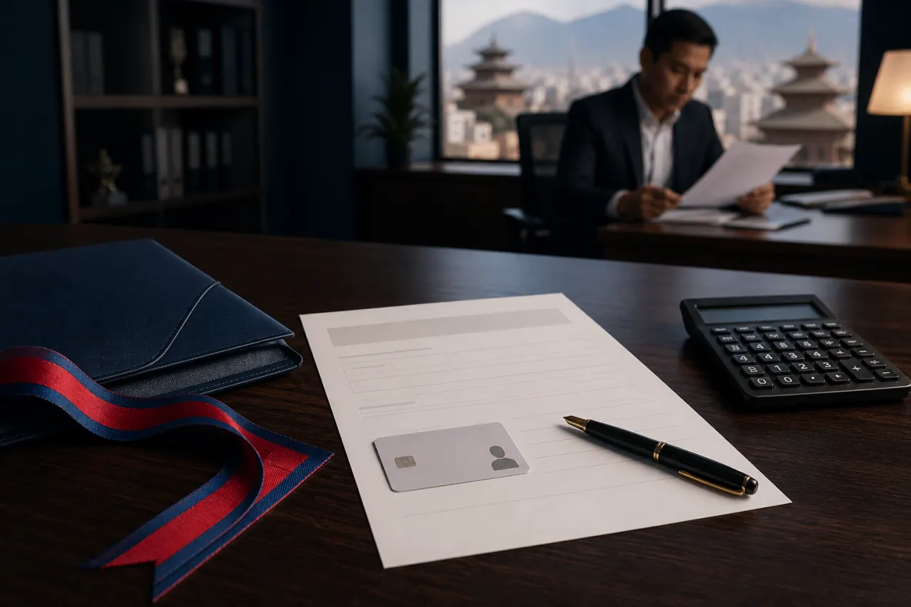PAN registration form, identification card and calculator on a Kathmandu office desk