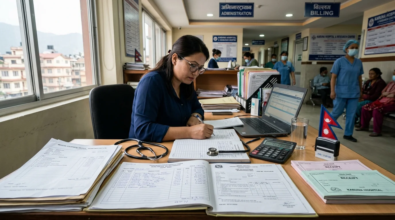 Hospital administration desk with healthcare billing ledgers and tax compliance invoices in Nepal